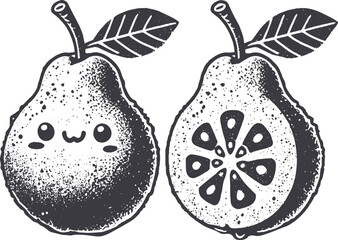 Grunge-Style Guava Smiling Fruit Character with Texture, Rough Hand-Drawn with Grainy Print Effect.