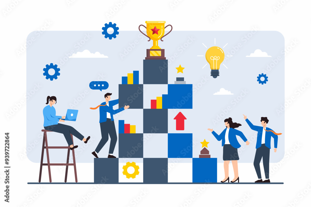 Poster flat illustration of team working together to build pyramid of success with blocks