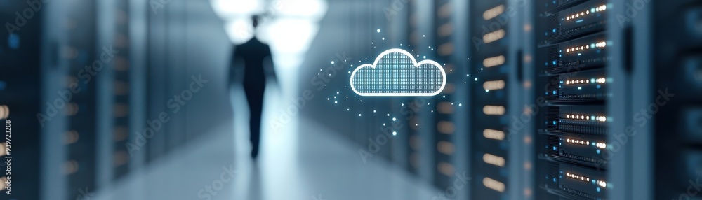 Poster a silhouette figure stands among server racks with a digital cloud icon, symbolizing cloud computing