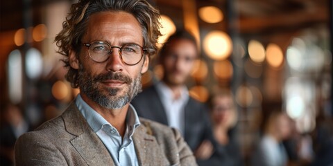 Obraz premium A distinguished middle-aged man wearing glasses, dressed in a smart casual blazer, stands confidently in a dynamic business environment with blurred colleagues in the background