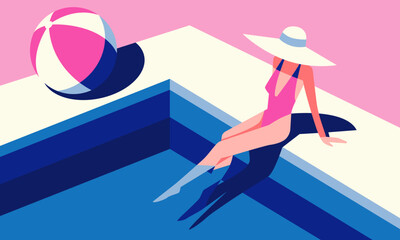 The concept of a summer party, vacation and travel. Vector illustration in a minimalistic style. A beautiful woman in a hat by the pool. A flat illustration.
