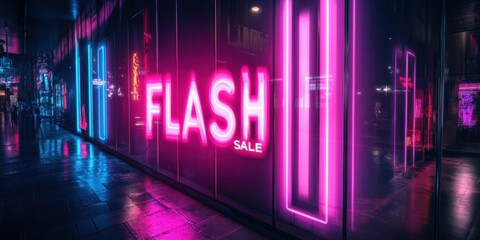 Vibrant Flash Sale Sign Illuminating City Life During Nighttime Shopping