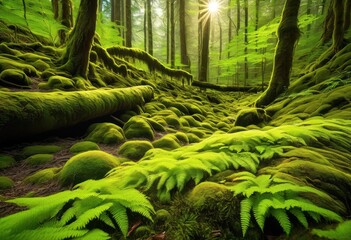 lush green moss blanket covering forest floor serene natural environment, nature, landscape, vegetation, growth, texture, organic, outdoors, flora, ecosystem