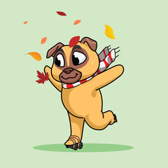 Adorable Fall Pug Character | Chibi Kawaii Skating Pug Dog | Cute Autumn Icon & Sticker Design