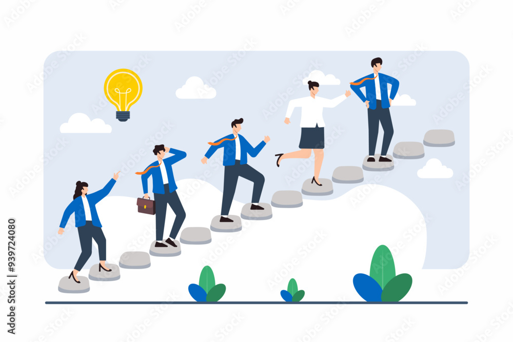 Poster flat illustration of team constructing path with stepping stones, symbolizing gradual progress