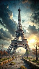 Post-apocalyptic Eiffel Tower in a desolate Paris after nuclear fallout. Generative AI