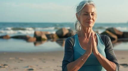 Elderly woman doing yoga on the beach side