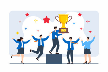 Flat illustration of team holding up trophy, representing achieving business success