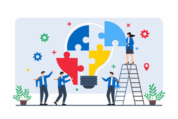 Flat illustration of employees piecing together jigsaw puzzle of lightbulb, symbolizing innovative solutions