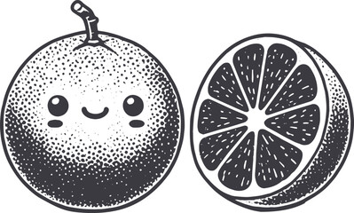 Grunge-Style Grapefruit Smiling Fruit Character with Texture, Rough Hand-Drawn with Grainy Print Effect.