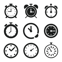 Set of Different Simple Clock Icons Vector Illustrations Featuring Various Clock Designs in a Minimalistic Style on a White Background, Perfect for Time-Related Graphics and User Interface Design