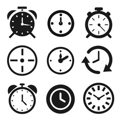 Set of Different Simple Clock Icons Vector Illustrations Featuring Various Clock Designs in a Minimalistic Style on a White Background, Perfect for Time-Related Graphics and User Interface Design
