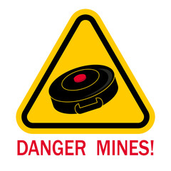 Land mines warning sign illustration of yellow triangle sign with land mine icon inside. Caution explosive weapon. Beware minefield. War conception. raster version