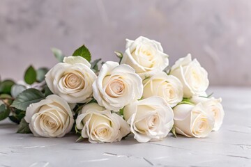 Elegant white roses arranged on a soft gray pink background for spring decor. Generative AI