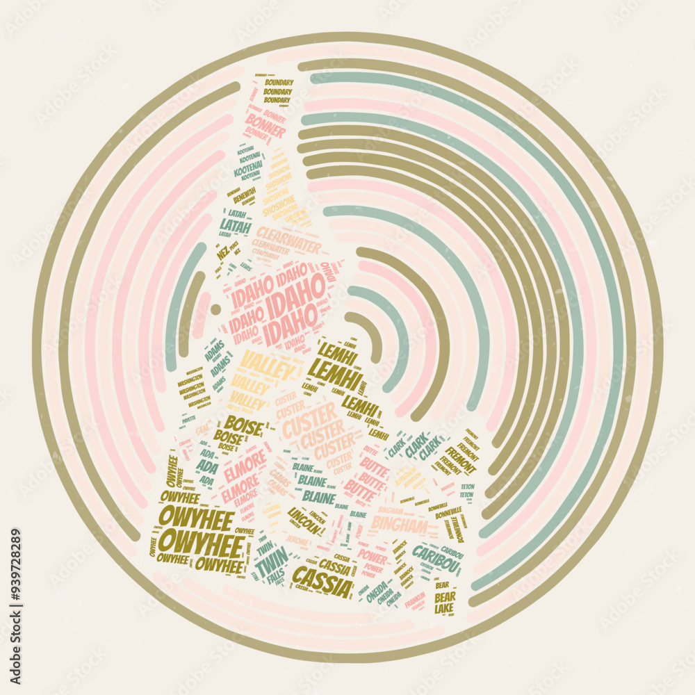 Poster idaho round poster. typography style image of the state. counties word clouds of idaho. vintage imag