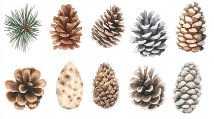 Pine cones set. White background. Watercolor illustrations
