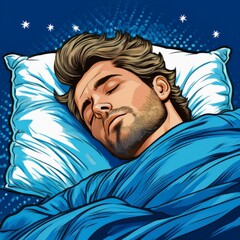 Deep sleep of person in bed. Man asleep, lying on soft pillow under duvet. Sleeper in sleepwear relaxing, dreaming at night. Comic book cartoon illustration