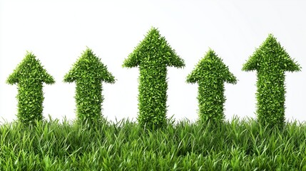 Five green arrows made of grass, symbolizing growth and progress, stand tall on a bed of green grass against a white background.
