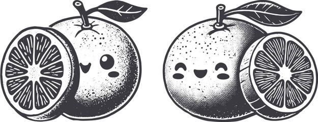 Grunge-Style Grapefruit Smiling Fruit Character with Texture, Rough Hand-Drawn with Grainy Print Effect.
