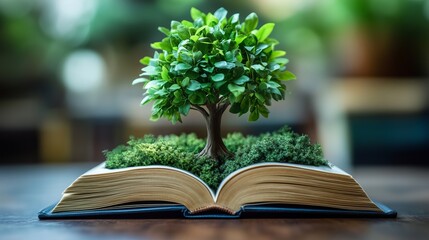 A small green tree grows out of the pages of an open book, symbolizing the growth of knowledge and the power of nature.