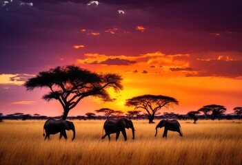 Obraz premium stunning wildlife silhouettes majestic savanna sunset rich colors dramatic sky, landscape, evening, light, horizon, scene, beauty, environment, grass, tree