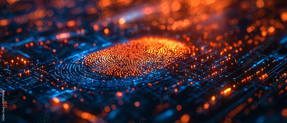 Aufkleber abstract digital fingerprint with glowing particles on a circuit board background, symbolizing techn