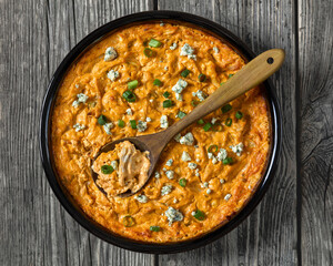 hot buffalo chicken dip in baking dish, top view