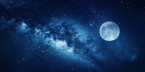 Obraz premium Full moon illuminating a starry night sky with the Milky Way galaxy in the background