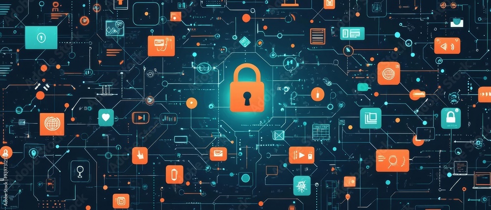 Poster digital security concept showcasing a padlock surrounded by interconnected technology symbols and da
