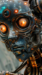 A detailed close-up of a futuristic robotic face with glowing orange eyes, showcasing intricate mechanical components and advanced technology.