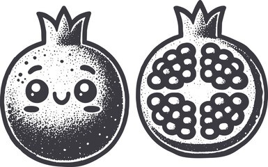 Grunge-Style Pomegranate Smiling Fruit Character with Texture, Rough Hand-Drawn with Grainy Print Effect.