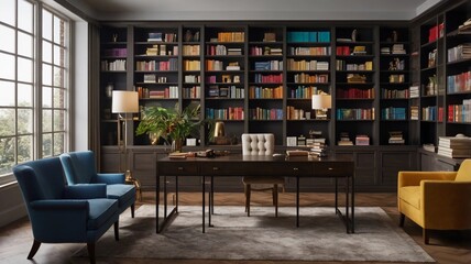Modern Home Office with Rainbow Bookshelves and Elegant Workspace** Ideal for modern interior design.

