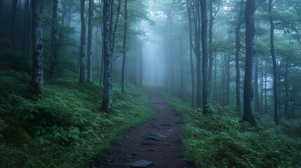 Obraz premium Fog-covered forest trail ideal for creating tranquil and peaceful wallpaper images