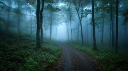 Obraz premium Peaceful foggy trail through a dense forest ideal for tranquil and calming backgrounds