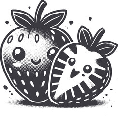 Grunge-Style Strawberry Smiling Fruit Character with Texture, Rough Hand-Drawn with Grainy Print Effect.