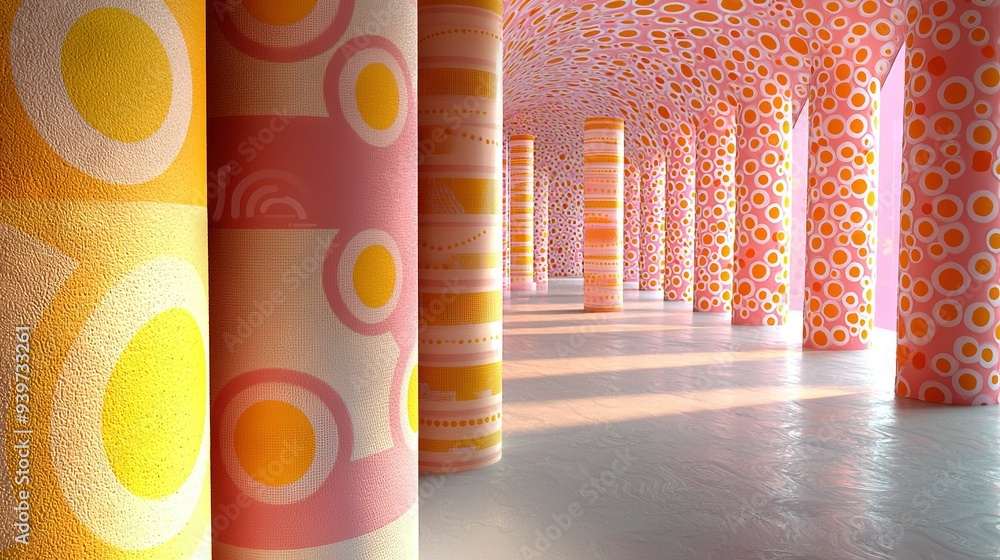 Poster the room features a multicolored array of pillars along its perimeter and an abundance of circular f