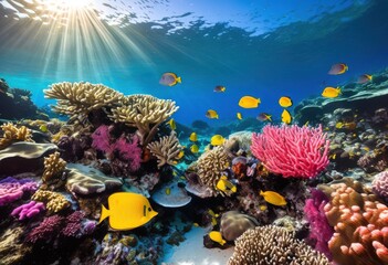 vibrant coral reef ecosystem colorful marine life including sea sea coral structures, fish, turtles, anemones, underwater, biodiversity, ocean, habitat