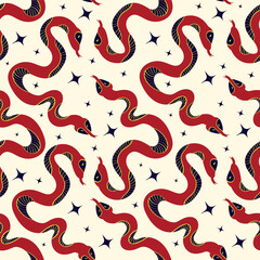 Pattern with Magic Mystical snakes. Freaky quirky snakes . Trendy modern illustration doodle style.