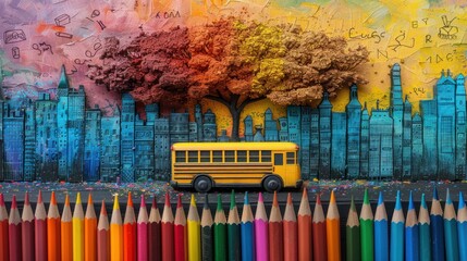 A bright and colorful collage of a school bus against a mural of a cityscape with trees and buildings. Below is a row of colored pencils.