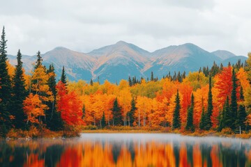 Stunning autumn vista with a forest ablaze in warm hues, reflecting in a lake, under a cloudy sky and mountain range.