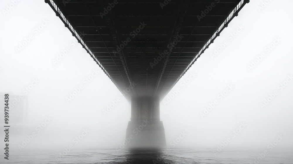 Poster a hazy perspective of the bridge's underbelly above a waterway with a structure in the backdrop