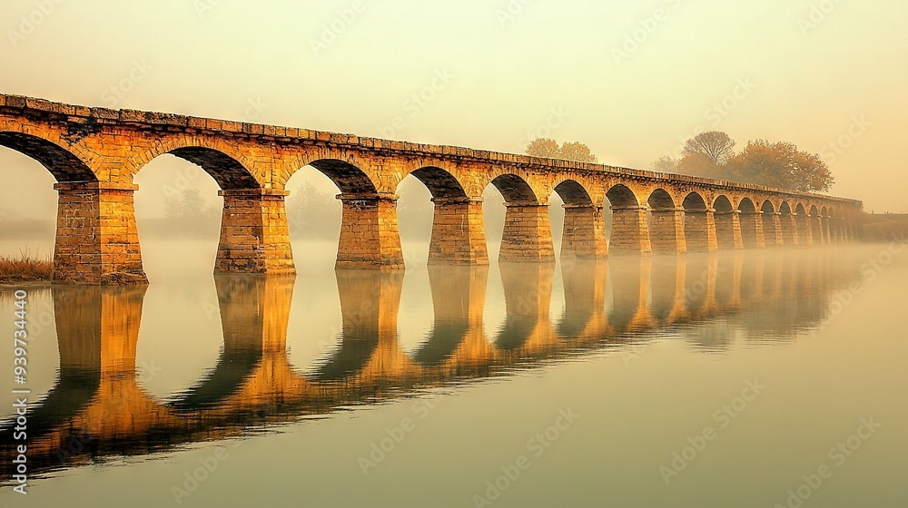 Poster a bridge over a foggy river with a train running through it in the middle of the misty day