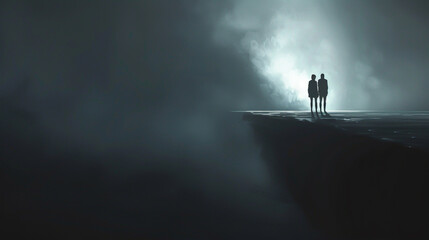 Fototapeta premium Silhouettes standing on a cliff edge under a foggy, mysterious night sky, facing the abyss, evoking a sense of adventure and unknown.