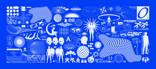 Retro futuristic elements. Abstract set of silhouettes of people, 3d shapes, wireframe, geometric objects and perspective grids. Blanks for a poster, banner, business card, sticker