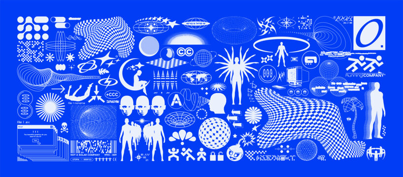 Retro futuristic elements. Abstract set of silhouettes of people, 3d shapes, wireframe, geometric objects and perspective grids. Blanks for a poster, banner, business card, sticker