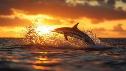 Fototapeta premium Dolphin Leaping at Sunset