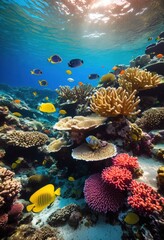 vibrant coral reef ecosystem diverse sea creatures including colorful marine life lively underwater environment, adventure, aquatic, biodiversity