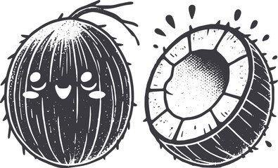 Grunge-Style Coconut Smiling Fruit Character with Texture, Rough Hand-Drawn with Grainy Print Effect.