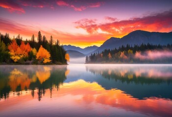 Fototapeta premium tranquil lake reflecting vibrant sunrise colors bright shades yellow serene natural landscape, reflection, orange, pink, water, sky, clouds, scenery, morning