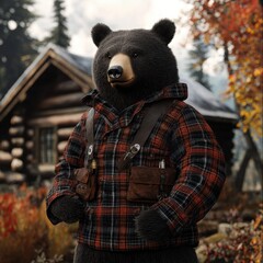 Majestic Bear Lumberjack in Front of Log Cabin - High Resolution Wildlife Portrait in Forest Setting